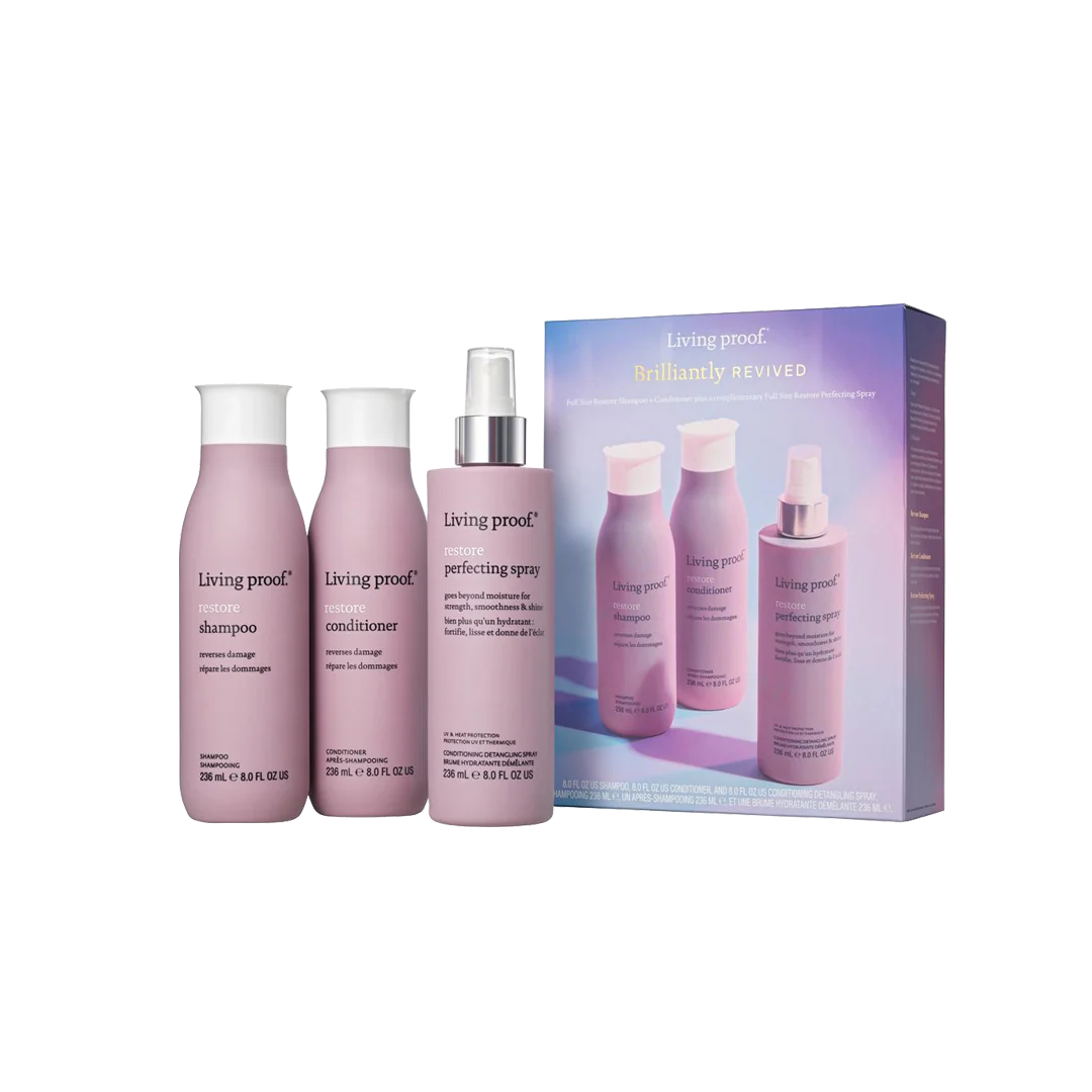 Pack Restore Brilliantly Revived - Shampoo, acondicionador y spray acondicionador. Living Proof